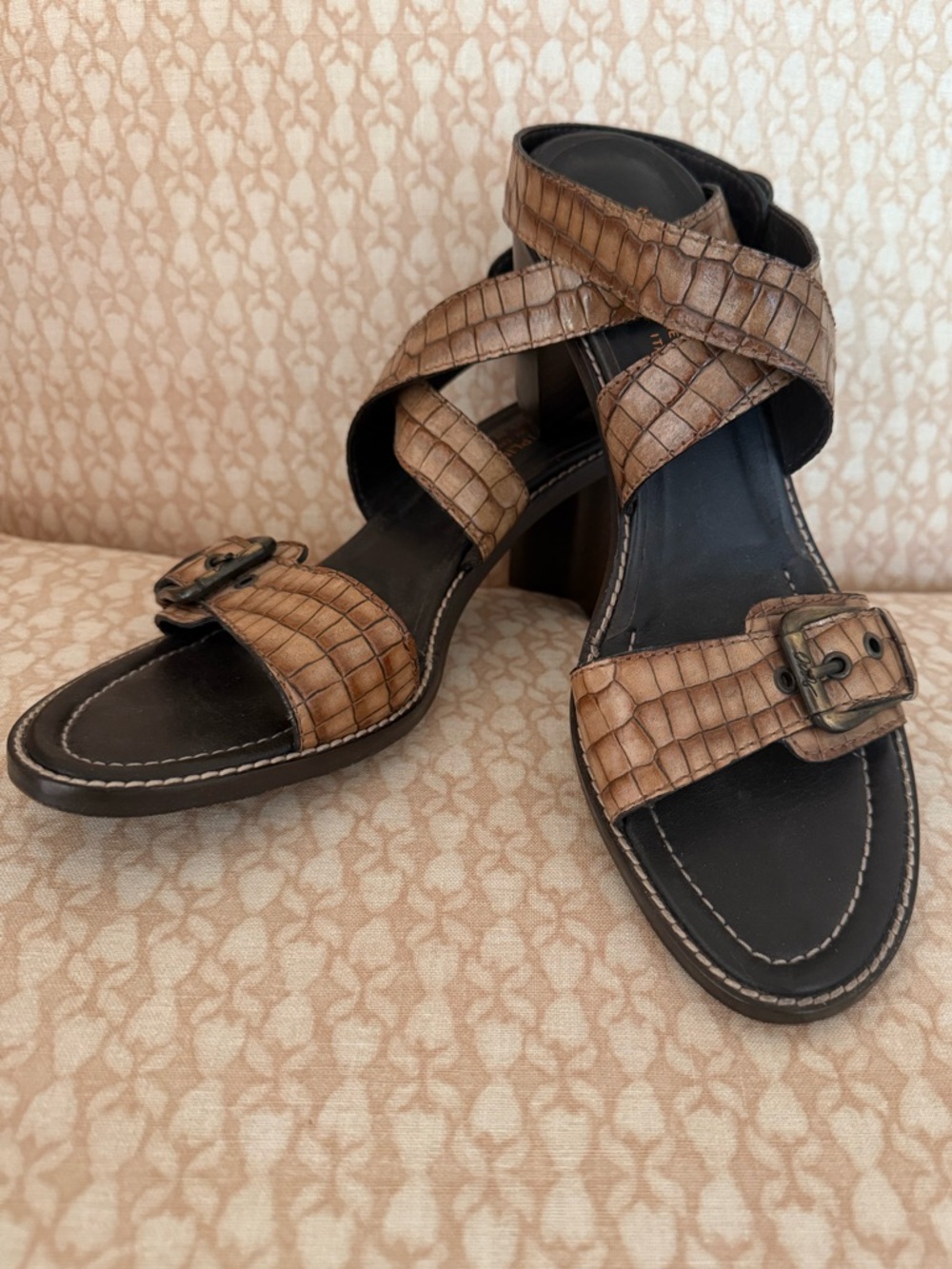 Donald J. Pliner Brown Croc-Embossed Leather Buckle Sandals
